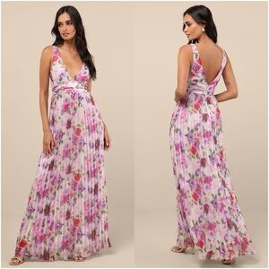 LULU’S Morgana Pink Multi Floral Satin Pleated Maxi Dress